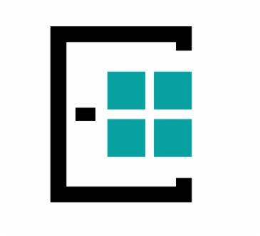 Stylizowany czarny kontur drzwi z klamką i czterema turkusowymi kwadratami w miejscu szyby.