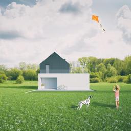 Biuro architektoniczne Znamy się - Nowoczesny dom jednorodzinny z płaskim dachem i białymi ścianami, na tle zielonego trawnika z dzieckiem puszczającym pomarańczowego latawca i psem rasy dalmatyńczyk.