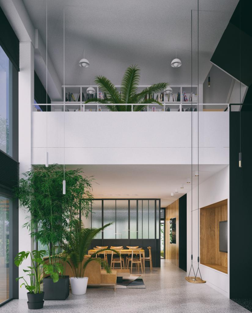 Wnętrze domu jednorodzinnego z antresolą, widok na jadalnię z drewnianym stołem i krzesłami, duże okno z roślinami doniczkowymi w pierwszym planie, huśtawka zawieszona w salonie, na antresoli regał...