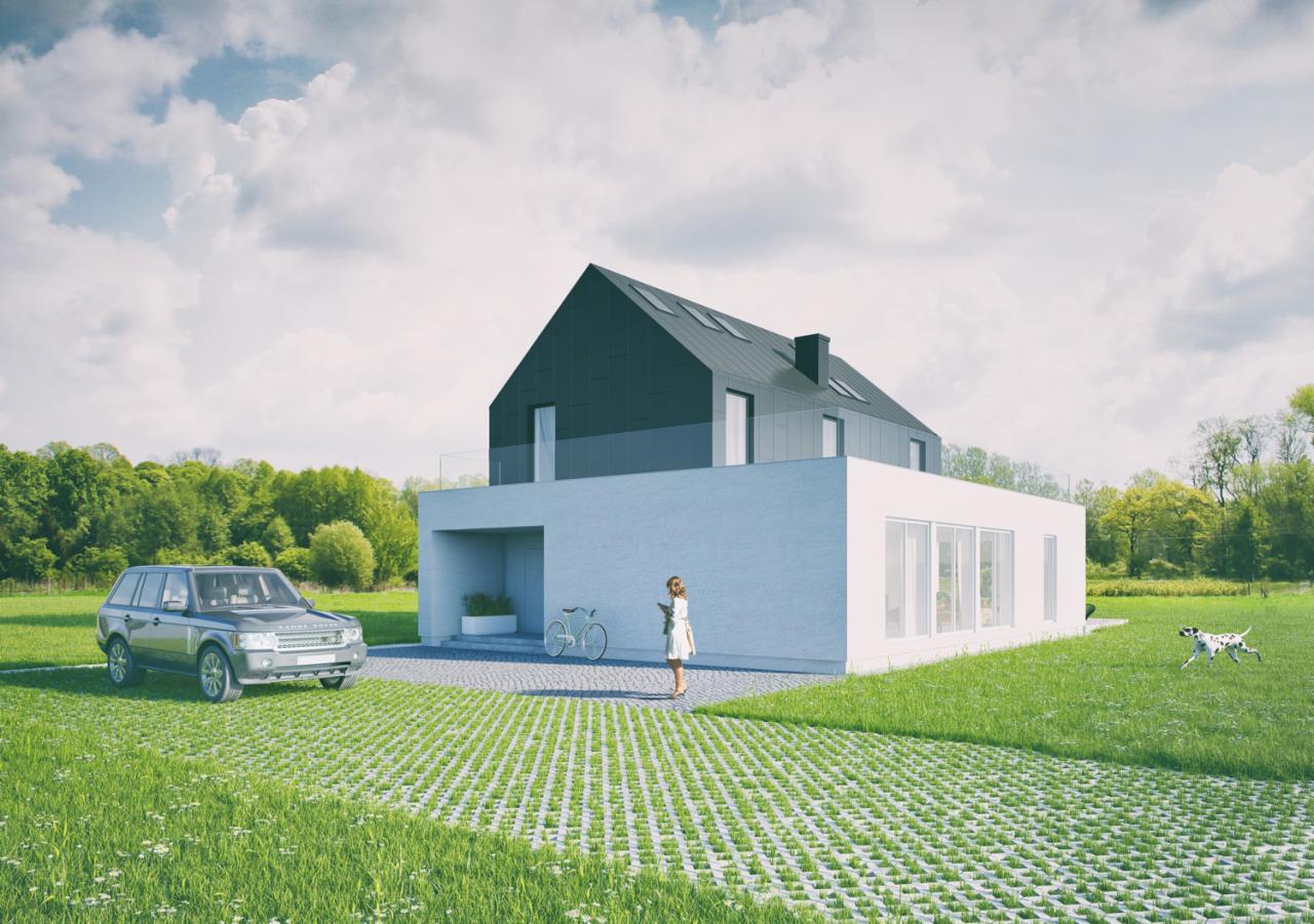 Wizualizacja nowoczesnego domu jednorodzinnego z dwuspadowym dachem, białymi ścianami i dużymi oknami, na posesji z ażurowym podjazdem, zaparkowanym SUV-em Range Rover, rowerem i kobietą w jasnej...