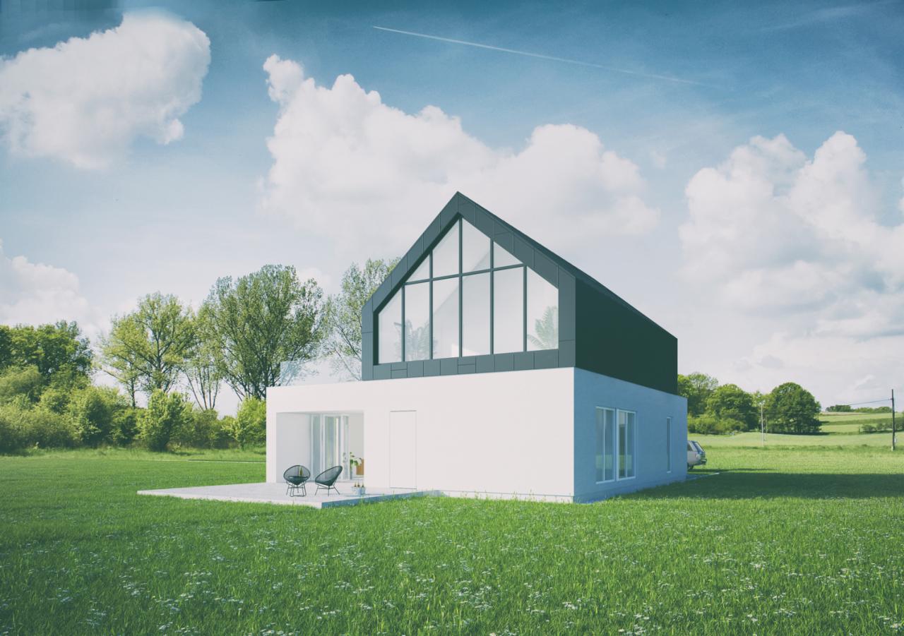 Wizualizacja nowoczesnego domu jednorodzinnego z dużym przeszkleniem szczytowym i minimalistycznym tarasem, otoczonego zielonym trawnikiem i drzewami w tle.