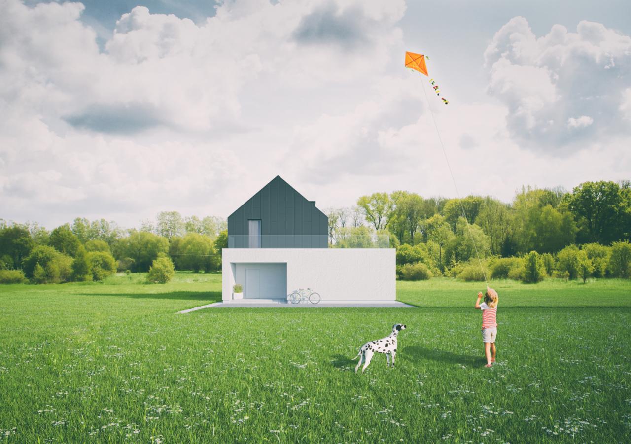 Nowoczesny dom jednorodzinny z płaskim dachem i białymi ścianami, na tle zielonego trawnika z dzieckiem puszczającym pomarańczowego latawca i psem rasy dalmatyńczyk.