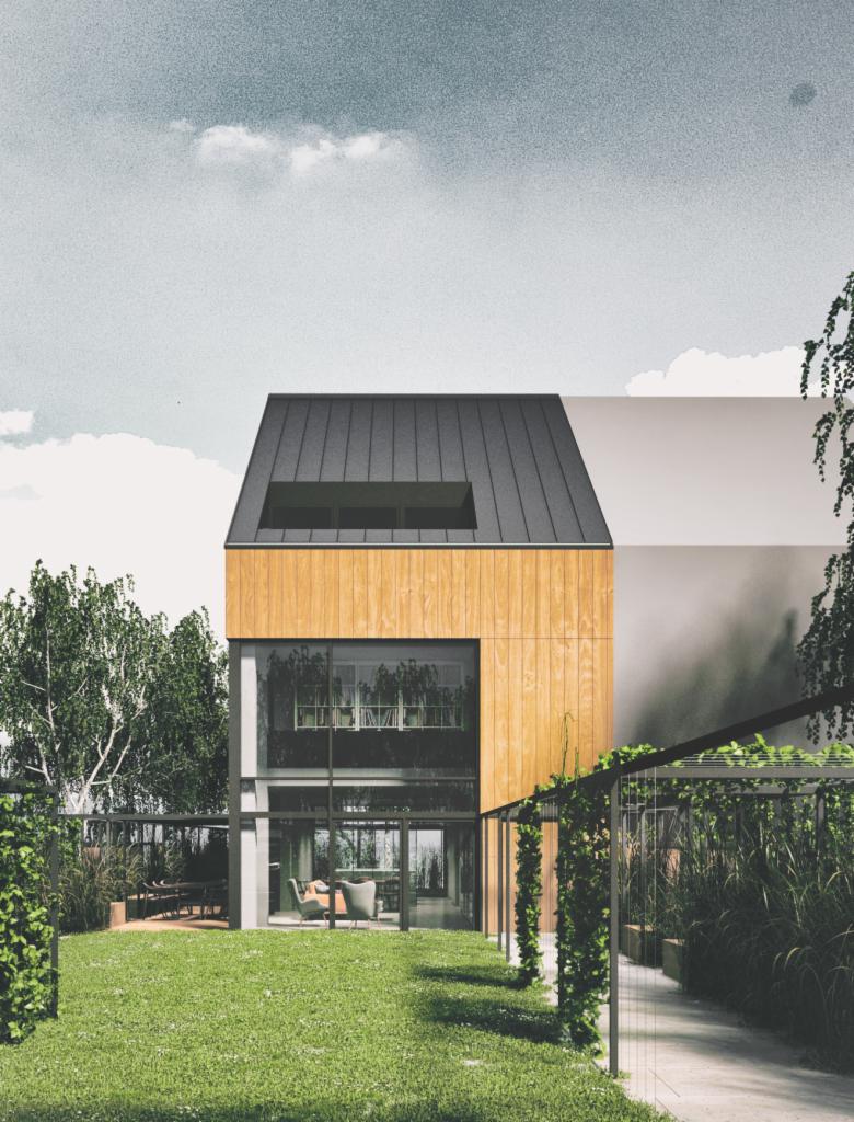 Wizualizacja dwukondygnacyjnego domu jednorodzinnego z drewnianą elewacją i dużymi przeszkleniami, widok z ogrodu z pergolą porośniętą zielenią.