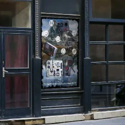 Grafika reklamowa w witrynie sklepu prezentująca kamerę sportową, akcesoria oraz ikony funkcji na tle górskiego krajobrazu.