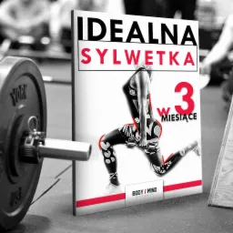 Plakat reklamowy z hasłem 'Idealna sylwetka w 3 miesiące' przedstawiający kobietę wykonującą wypad z hantlami, w tle widoczny sztanga z obciążeniem.