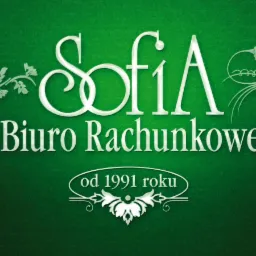 Logo firmy 'Sofia Biuro Rachunkowe' na ciemnozielonym tle z dekoracyjnymi elementami roślinnymi i informacją 'od 1991 roku'.