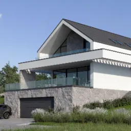 Wizualizacja nowoczesnego domu jednorodzinnego z garażem, wykończonego kamieniem elewacyjnym, z grafitowym dachem i jasną elewacją, na tle zielonego wzgórza i błękitnego nieba, z zaparkowanym...