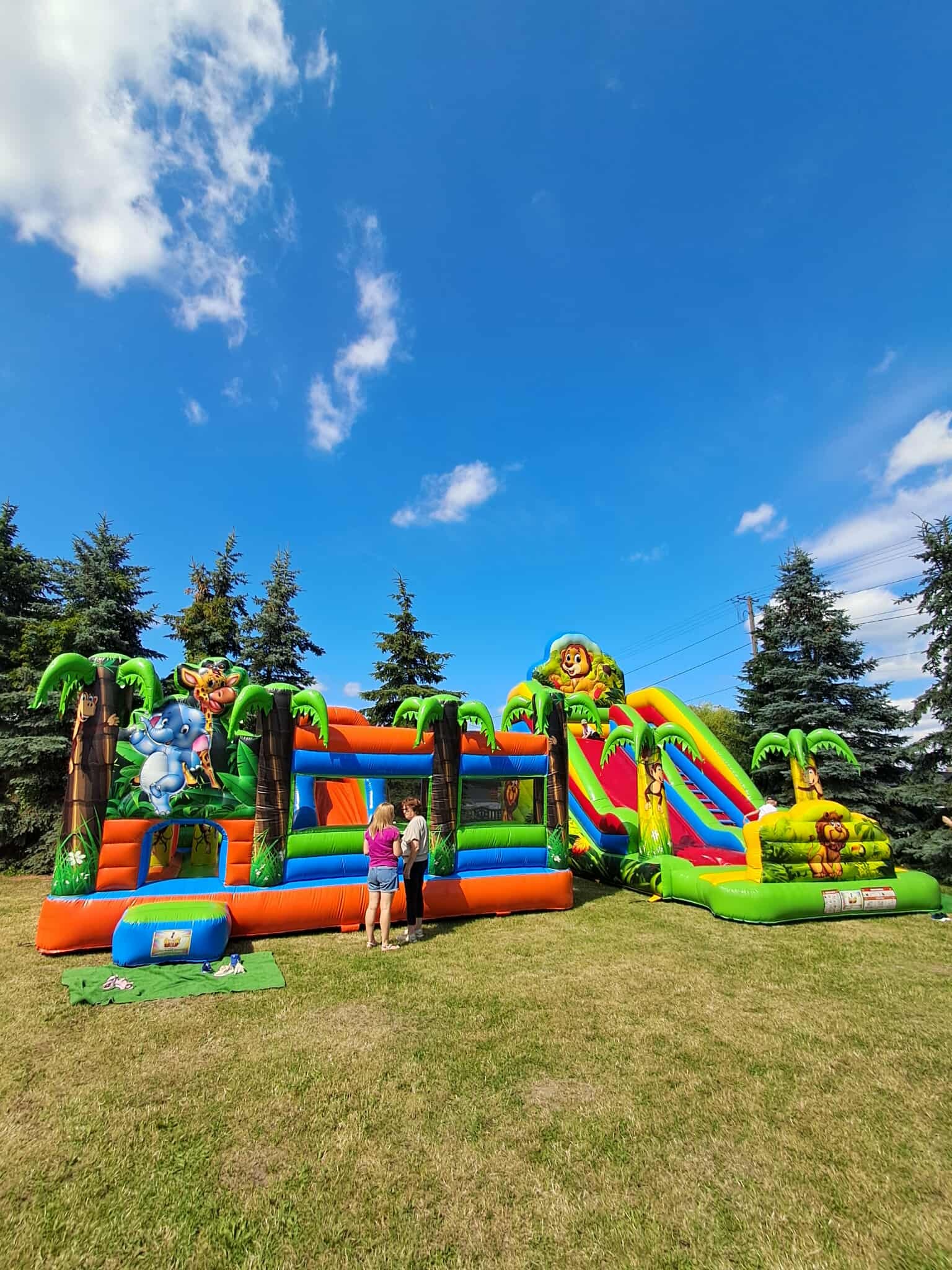 Kolorowy dmuchany plac zabaw w stylu dżungli na trawie, z dwiema osobami w pobliżu. Błękitne niebo z chmurami w tle, otoczony zielonymi drzewami.