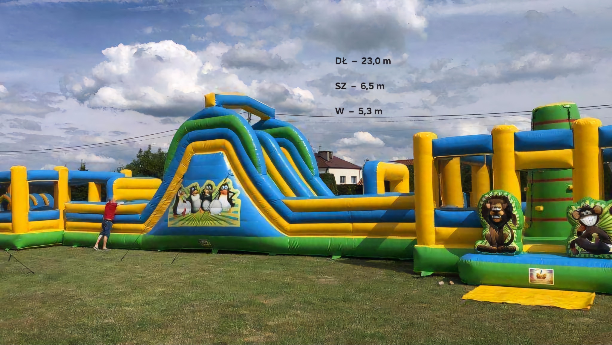 Długi, kolorowy dmuchany tor przeszkód z motywem pingwinów i lwa, rozstawiony na trawie. Widoczna osoba wchodząca na konstrukcję. W tle dom i pochmurne niebo.