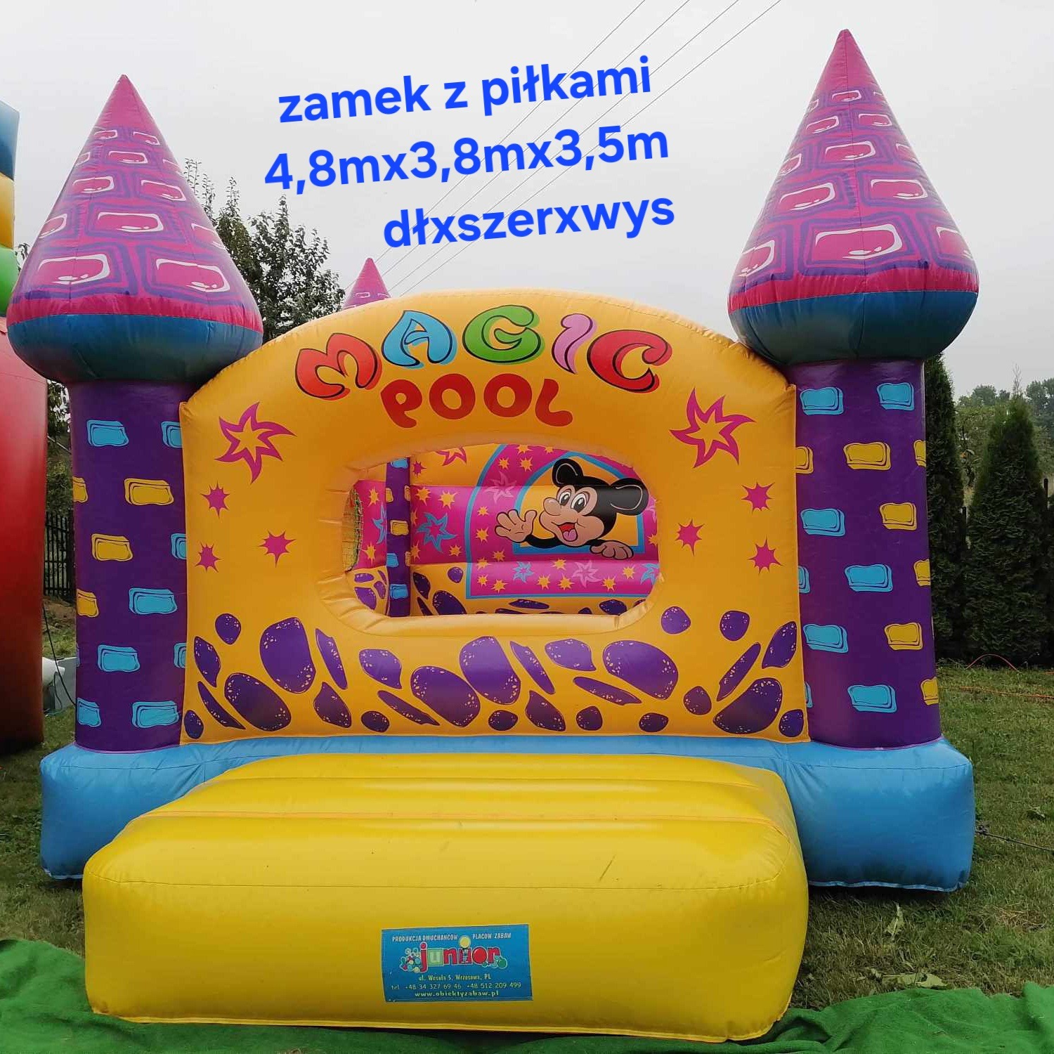 Kolorowy dmuchany zamek z motywem Myszki Miki, o wymiarach 4,8mx3,8mx3,5m, ustawiony na trawie. Widoczne wieżyczki i napis 'Magic Pool'.