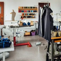 Warsztat krawiecki z rozłożonymi elementami garderoby, manekinem i półkami z nićmi w tle; na pierwszym planie maszyna do szycia i stos materiałów związanych niebieską wstążką.