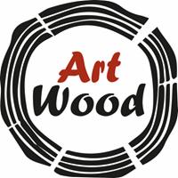 Logo firmy Art Wood w okręgu stylizowanym na przekrój drzewa. Napis 'Art' w kolorze czerwonym, 'Wood' w kolorze czarnym.