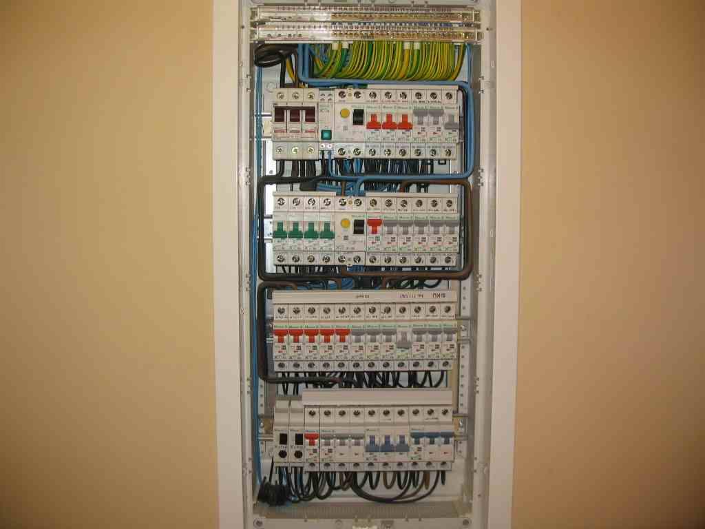 Rozdzielnica elektryczna z zainstalowanymi bezpiecznikami i przewodami w obudowie, zamontowana na ścianie wewnątrz budynku.