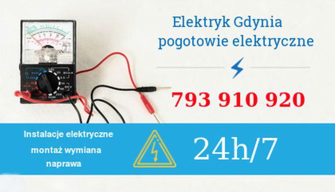 Grafika reklamowa: Multimetr analogowy z przewodami, napis Elektryk Gdynia pogotowie elektryczne, numer telefonu, informacja o instalacjach elektrycznych, montażu, wymianie i naprawie, dostępność...
