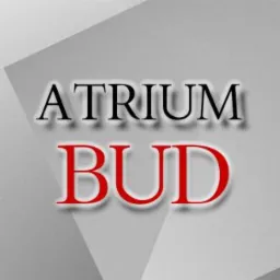 Grafika z napisem 'ATRIUM BUD' na szarym, abstrakcyjnym tle z geometrycznymi kształtami.