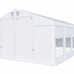 Sweet Times - Duży, biały namiot eventowy z dwuskrzydłowymi drzwiami i oknami z dekoracyjnymi szprosami, prezentowany na białym tle.