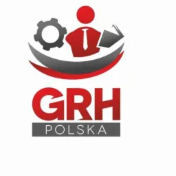 Logo firmy GRH Polska: stylizowana postać z teczką i kołem zębatym, czerwono-szare barwy.