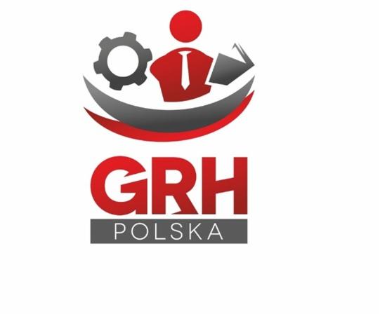 Logo firmy GRH Polska: stylizowana postać z teczką i kołem zębatym, czerwono-szare barwy.
