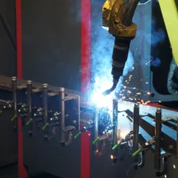 Żółty robot przemysłowy automatycznie spawa metalowy element konstrukcyjny, widoczne iskry i dym.