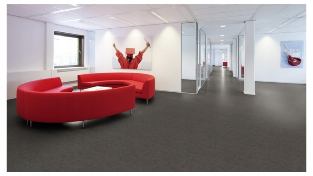 Biuro z ciemną, gładką wykładziną, czerwonymi sofami i szklanymi ściankami działowymi. Oświetlenie sufitowe. Nowoczesny design wnętrza.