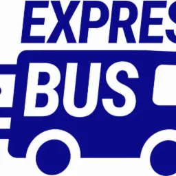Niebieski graficzny symbol autobusu z napisem EXPRESS BUS i efektem ruchu.