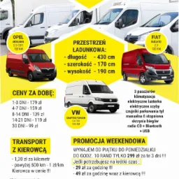 Ulotka reklamowa wypożyczalni busów Express Bus z ofertą cenową, wymiarami przestrzeni ładunkowej i danymi kontaktowymi, prezentująca modele Opel Movano, VW Crafter Furgon i Fiat Ducato.
