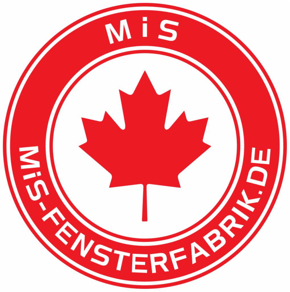 Czerwono-białe logo firmy MIS-Fensterfabrik.de z liściem klonowym w środku okręgu.