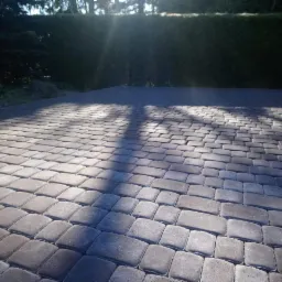 Ułożona nawierzchnia z kostki brukowej w odcieniach szarości, z widocznym zagęszczarką w tle i długimi cieniami drzew na powierzchni.