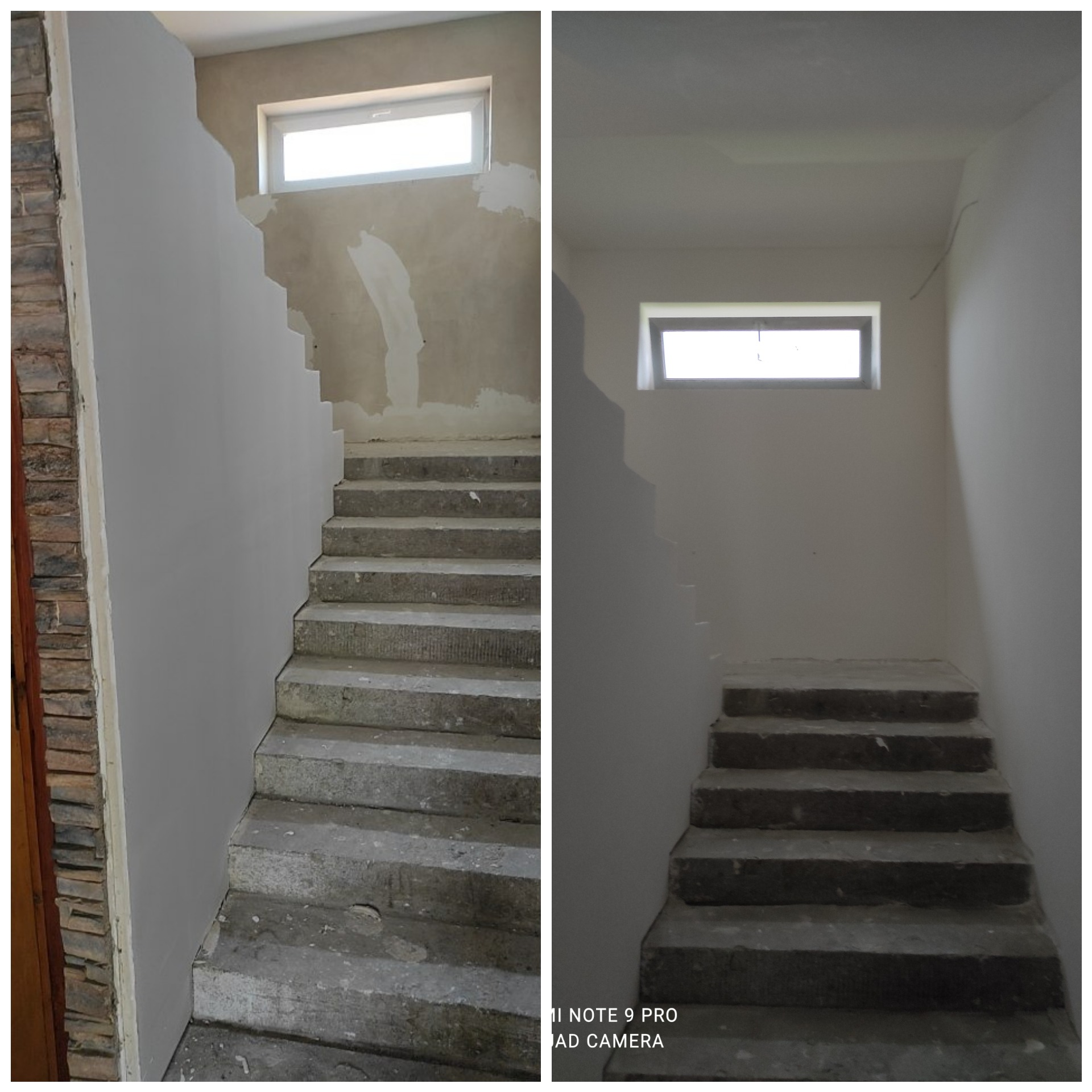Klatka schodowa w trakcie remontu: ściana częściowo wygładzona i pomalowana na biało, surowy beton schodów, widoczne ślady po szpachlowaniu wokół okna.