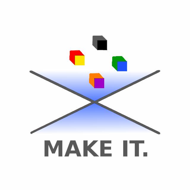 Abstrakcyjne logo z kolorowymi kostkami nad skrzyżowanymi liniami i napisem 'MAKE IT.'