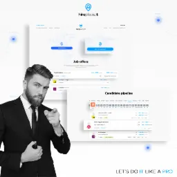 Mężczyzna w garniturze wskazuje palcem na ekran z ofertami pracy dla programistów i projektantów UI/UX na stronie hireplace.it.