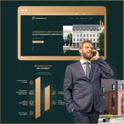 Mężczyzna w garniturze rozmawia przez telefon na tle ekranu prezentującego stronę internetową z ofertą zarządzania najmem krótkoterminowym i długoterminowym hybrydowym nieruchomości w Łodzi.