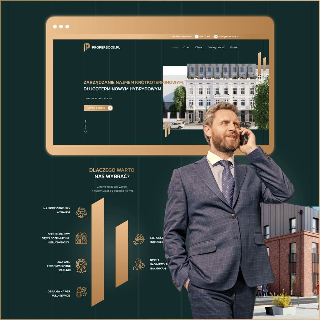 Mężczyzna w garniturze rozmawia przez telefon na tle ekranu prezentującego stronę internetową z ofertą zarządzania najmem krótkoterminowym i długoterminowym hybrydowym nieruchomości w Łodzi.