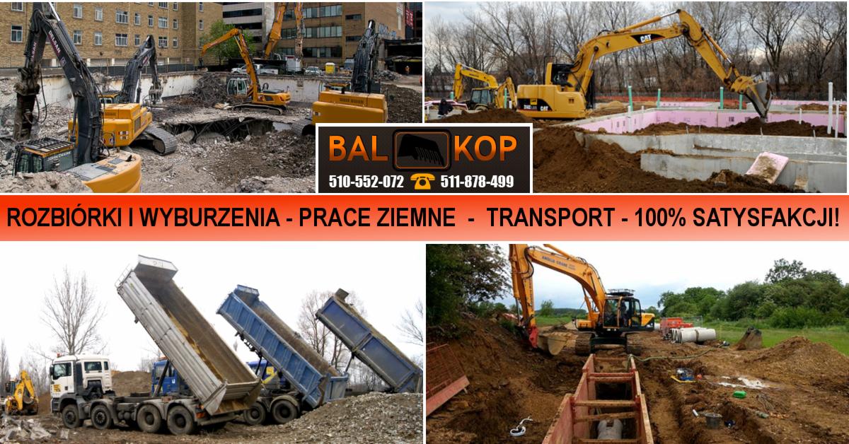 Kompozycja zdjęć: rozbiórka budynku z użyciem ciężkiego sprzętu, fundamenty domu z izolacją, wywóz ziemi wywrotkami, wykop pod instalacje z zabezpieczeniem ścianek.