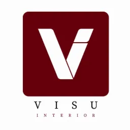 Logo firmy VISU Interior, biała litera V z wyciętym fragmentem w prawym górnym rogu, umieszczona na bordowym kwadracie z zaokrąglonymi rogami, poniżej napis VISU INTERIOR.