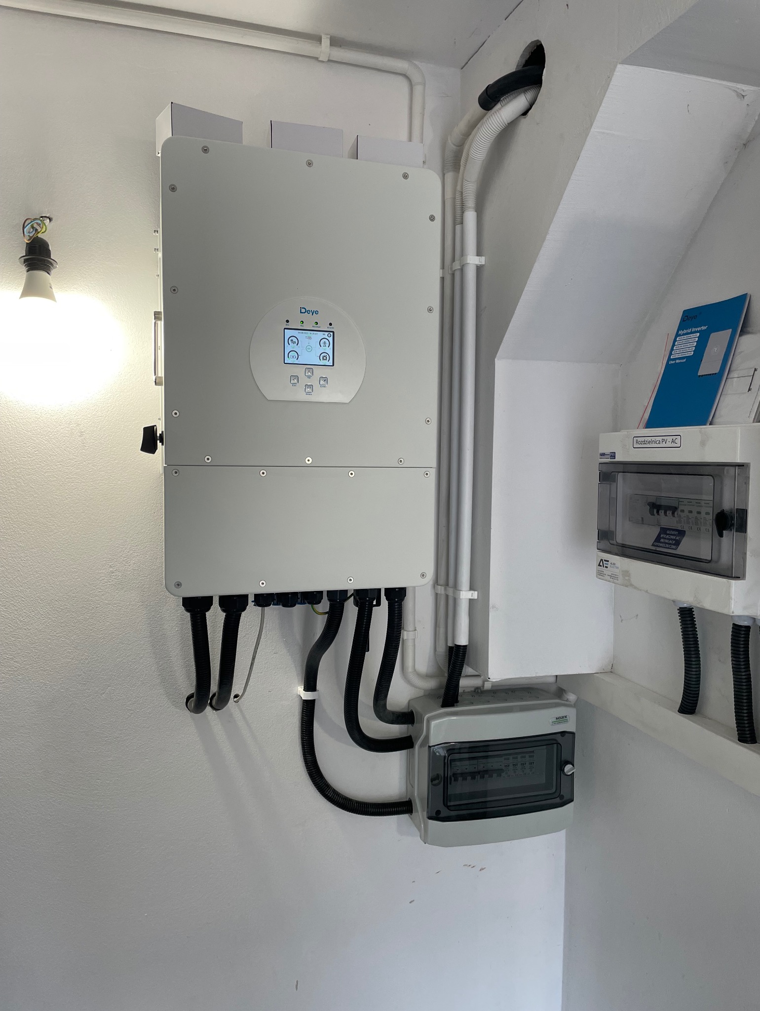 Biały falownik hybrydowy Deye zamontowany na ścianie, z podłączonymi czarnymi kablami w peszlach, obok rozdzielnica PV-AC, instalacja wewnątrz budynku.