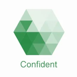 Grafika logo w kształcie zielonego sześcioboku zbudowanego z trójkątów o różnym odcieniu zieleni, pod nim napis 'Confident'.