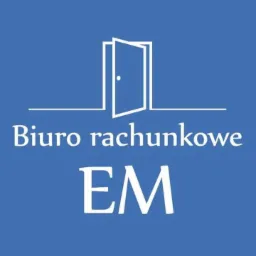 Logo firmy z otwartymi drzwiami w graficznym symbolu, nazwa 'Biuro rachunkowe' i inicjały 'EM' na niebieskim tle.