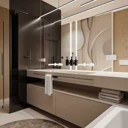 Aranżacja, projektowanie wnętrz MIA PROJEKT Maria Leśna - Nowoczesna łazienka w beżach: minimalistyczna armatura, dekoracyjna ściana z subtelnym wzorem, oświetlenie LED i designerskie dodatki. Elegancki i funkcjonalny projekt.