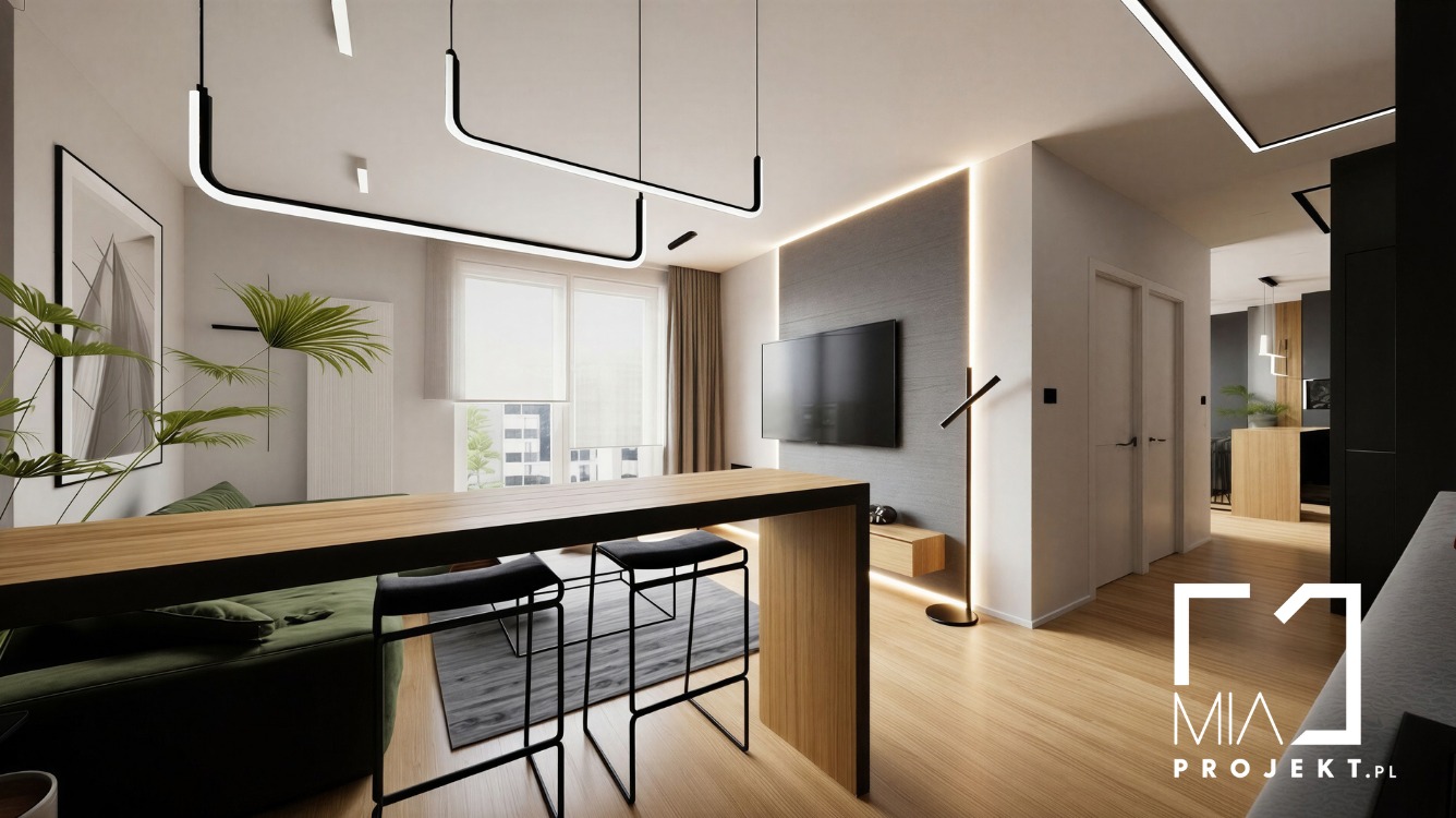 Nowoczesny salon z drewnianym blatem barowym, zieloną sofą i minimalistycznym oświetleniem LED. Szara ściana z telewizorem i subtelnym podświetleniem. Jasne drewniane podłogi.