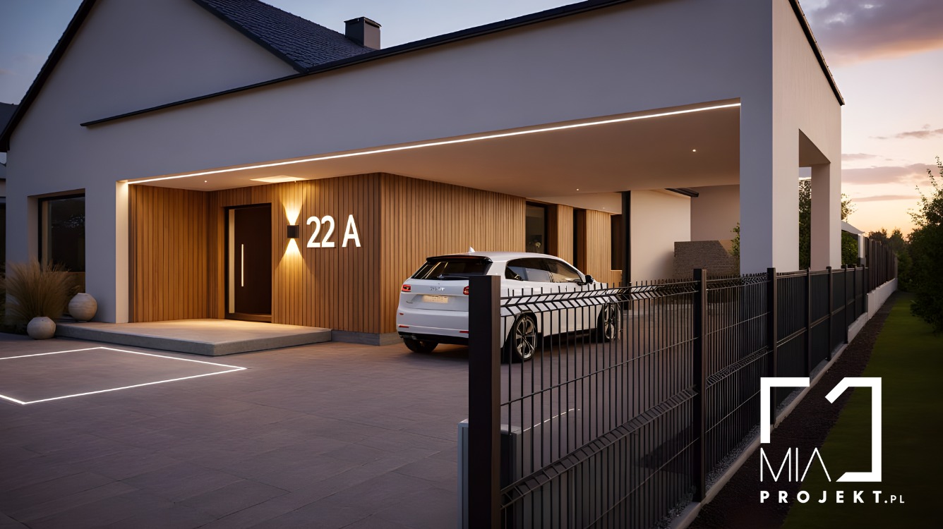 Nowoczesny dom jednorodzinny z podjazdem, oświetleniem LED i drewnianą elewacją. Biały samochód zaparkowany przed wejściem. Minimalistyczny design, wieczorne oświetlenie.