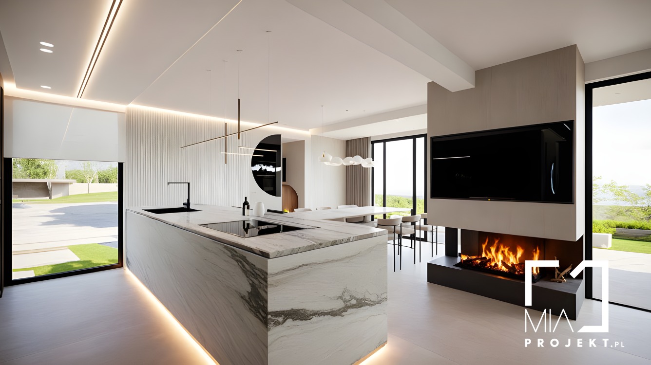 Nowoczesna kuchnia z wyspą z marmurowym blatem i kominkiem pod telewizorem. Minimalistyczne oświetlenie i duże okna z widokiem na zieleń.