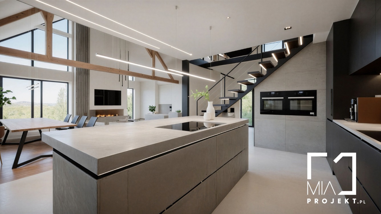 Nowoczesna kuchnia z wyspą i schodami w tle. Minimalistyczny design, betonowe ściany, drewniane elementy konstrukcyjne, oświetlenie LED. Duże okna wpuszczają naturalne światło.