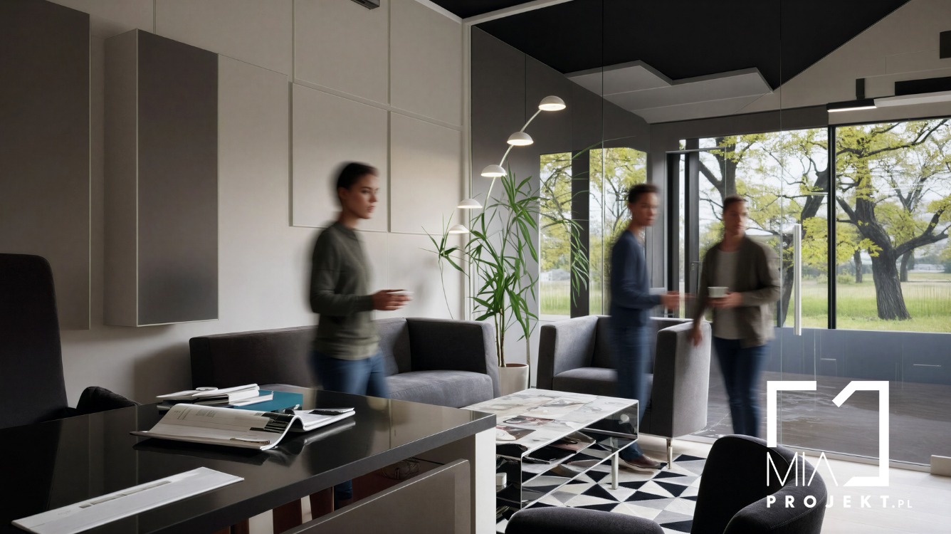 Nowoczesne biuro z przeszkloną ścianą, minimalistycznym oświetleniem i elementami dekoracyjnymi. Wnętrze wypełnione naturalnym światłem, z widocznymi osobami w ruchu.