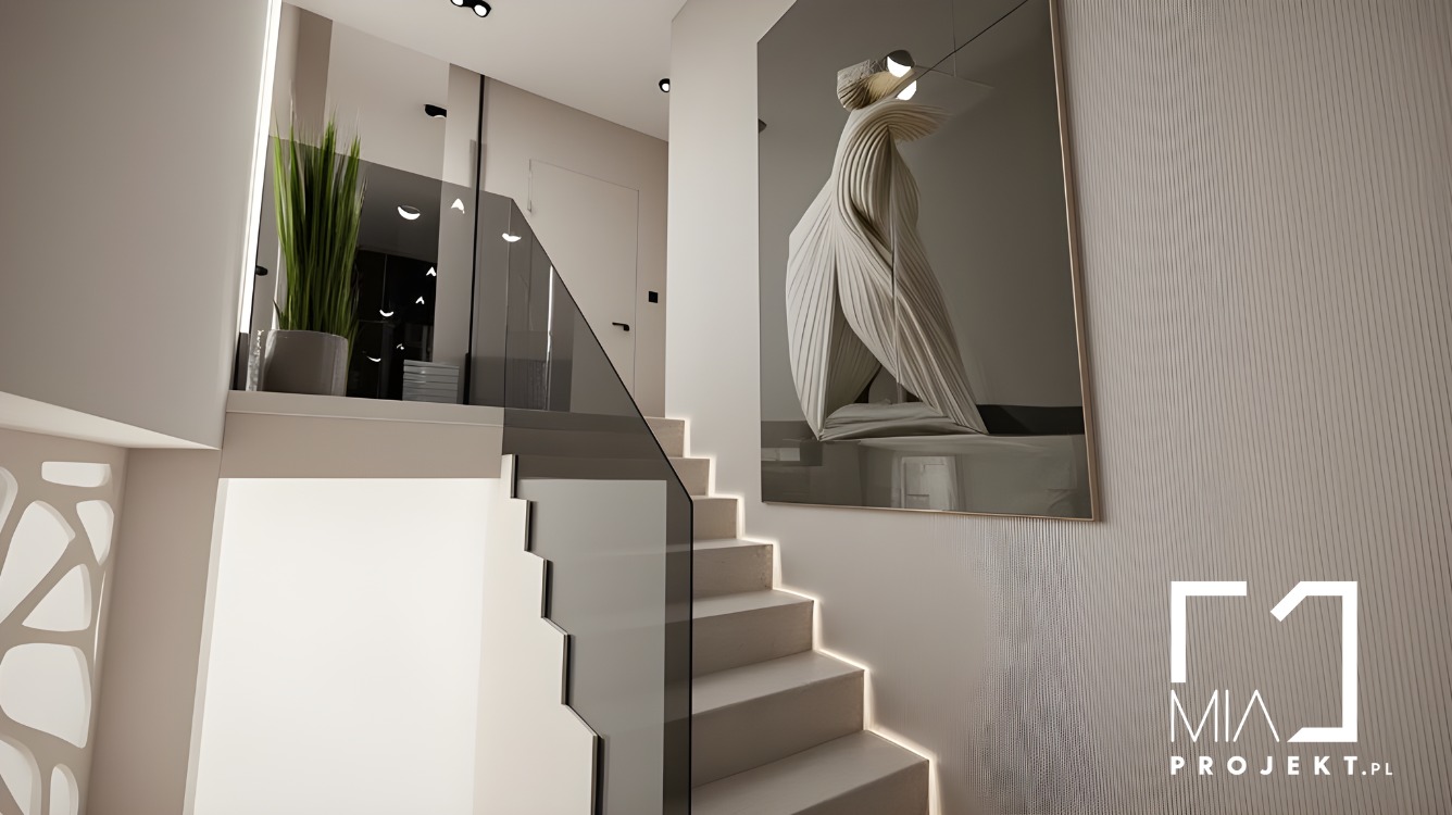 Nowoczesne schody z podświetleniem LED i szklaną balustradą. Na ścianie obraz w ramie. Minimalistyczny design wnętrza w odcieniach bieli i szarości.