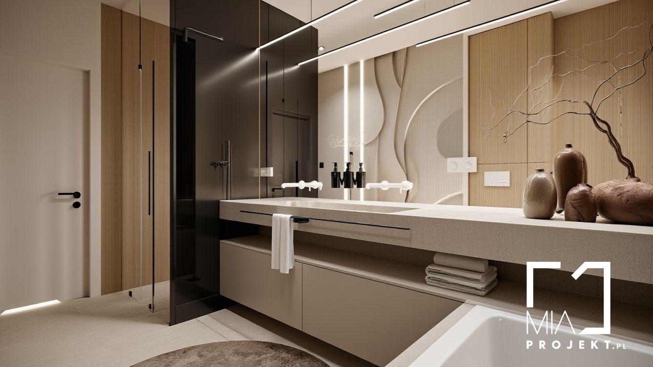 Nowoczesna łazienka w beżach: minimalistyczna armatura, dekoracyjna ściana z subtelnym wzorem, oświetlenie LED i designerskie dodatki. Elegancki i funkcjonalny projekt.