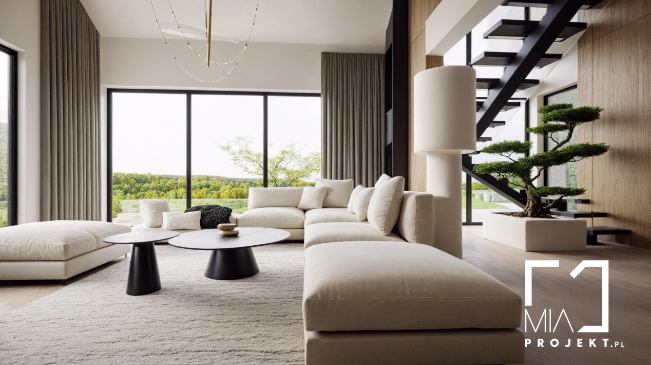 Jasny salon z narożną sofą, stolikami kawowymi i schodami z bonsai. Minimalistyczny design z dużym oknem i naturalnym światłem. Nowoczesne wnętrze.