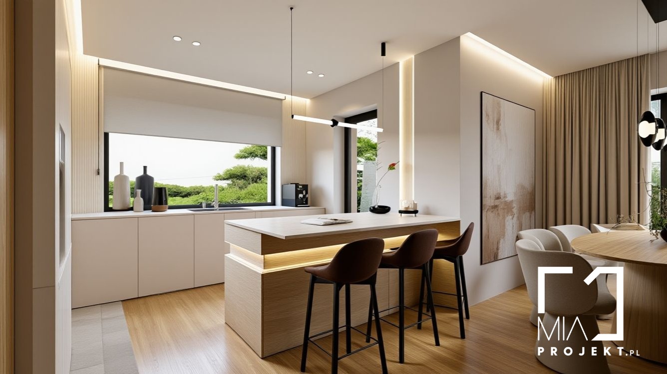 Jasna kuchnia z wyspą i hokerami, minimalistyczny design, duże okno z widokiem na zieleń, oświetlenie LED, drewniana podłoga, obraz na ścianie.