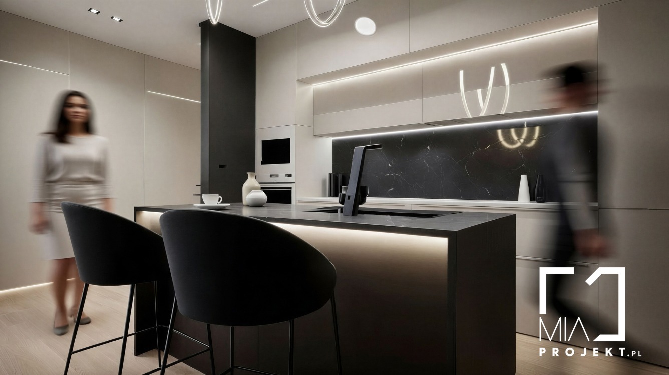 Nowoczesna kuchnia z wyspą, oświetleniem LED i marmurowym backsplashiem. Dwie osoby w tle dodają dynamiki. Minimalistyczny design z czarnymi hokerami.