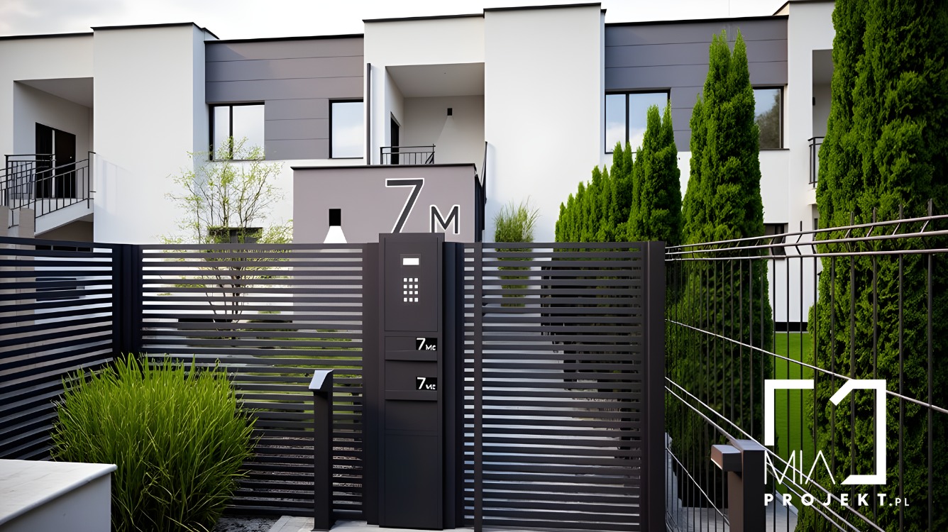 Nowoczesny dom z szarą elewacją i czarnym, poziomym ogrodzeniem lamelowym. Widoczny panel z numerem domu i domofonem. W tle wysokie tuje.